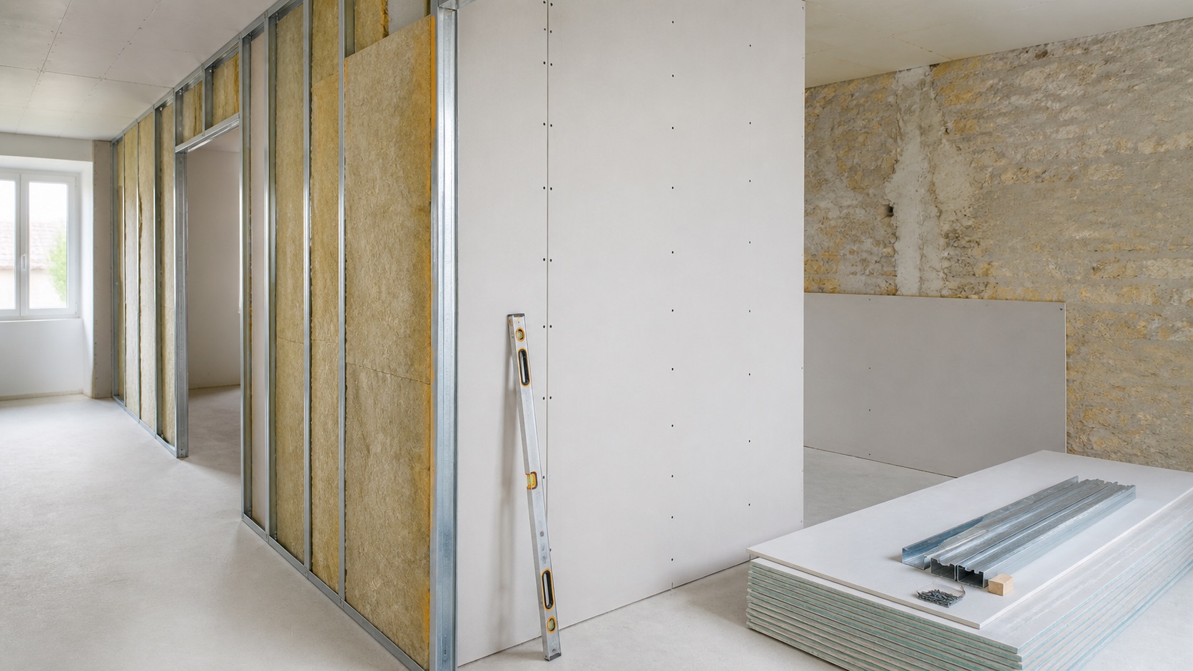 Cloison en placo avec ossature métallique, isolant et doublage de mur existant