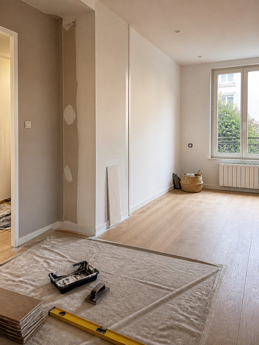 Pièce de logement en rénovation intérieure avec murs repris et sol posé